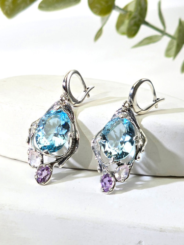 Серебряные серьги ETERI с топазом, аметистом и розовым кварцем